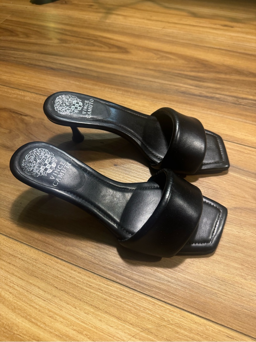 Vince Camuto Black Padded Band Square-Toe Slide Heels